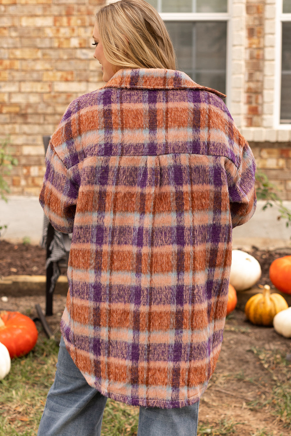 Multicolour Plus Size Plaid Print Collared Button up Jacket Beagle Boutique Fashion Outlet