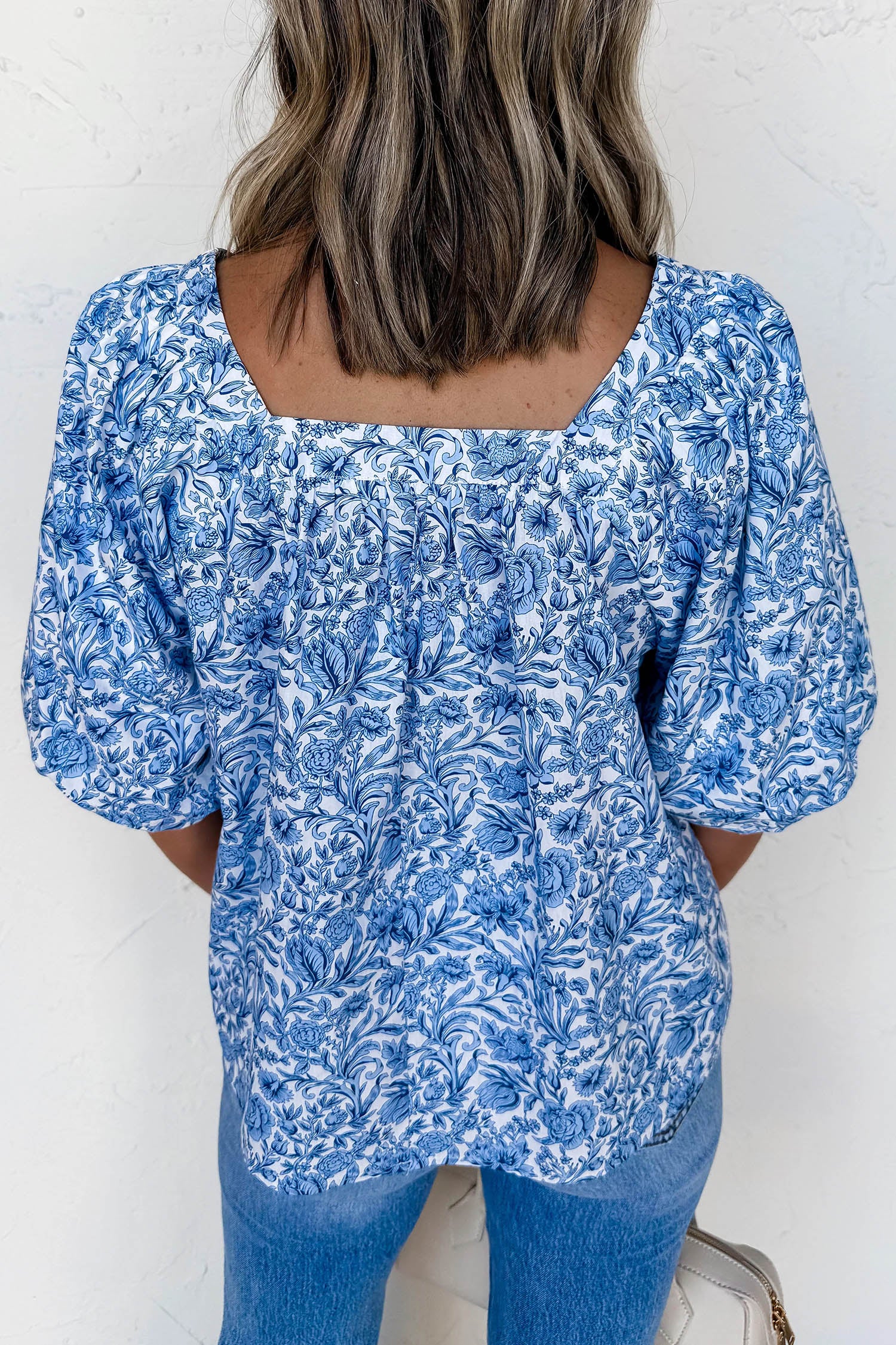 Square Neck Short Puff Sleeve Pleated Floral Blouse