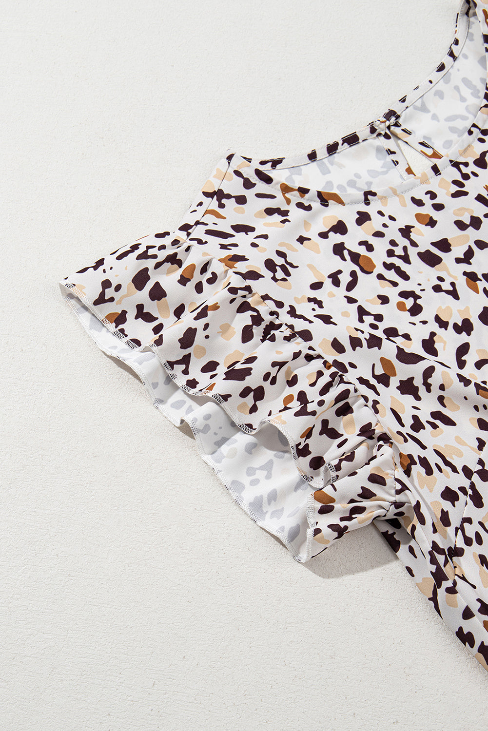 Khaki Leopard Ruffled Flutter Sleeve Keyhole Back Mini Dress - eAura