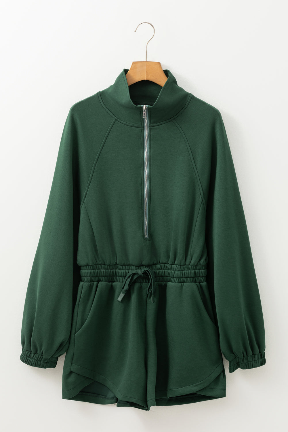 Blackish Green Collared Half Zip French Terry Knit Drawstring Casual Romper eAura