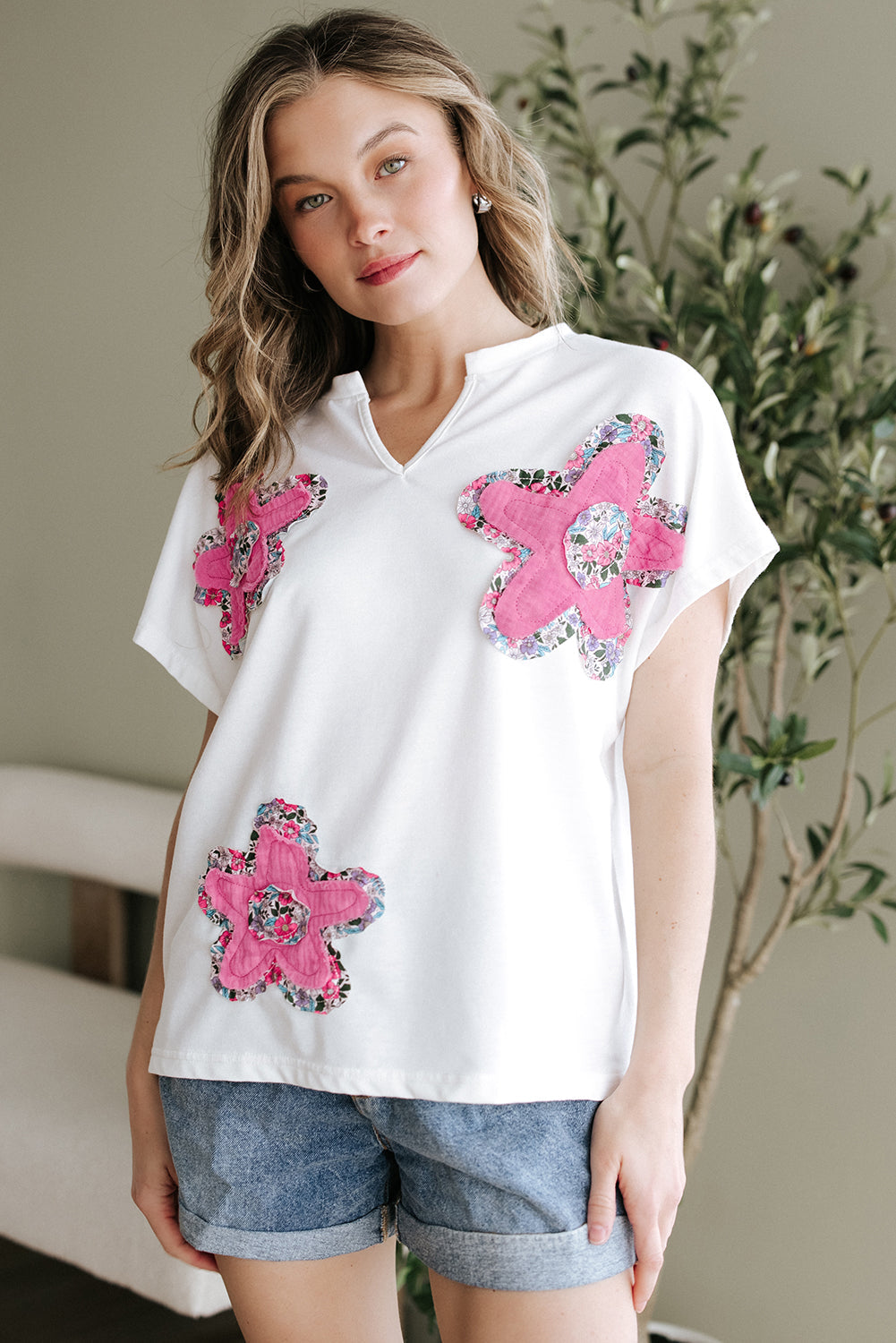 White Floral Applique Notched V Neck Dolman Sleeve Top eAura
