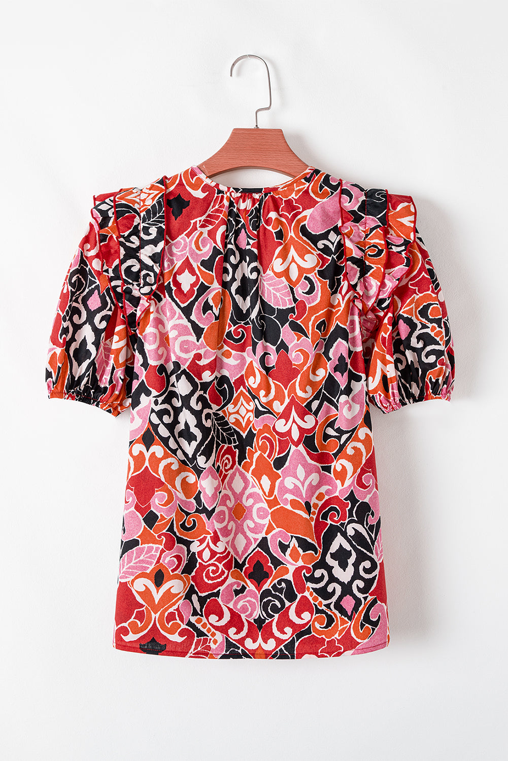 Red Ethnic Print Split Neck Short Puff Sleeve Blouse eAura
