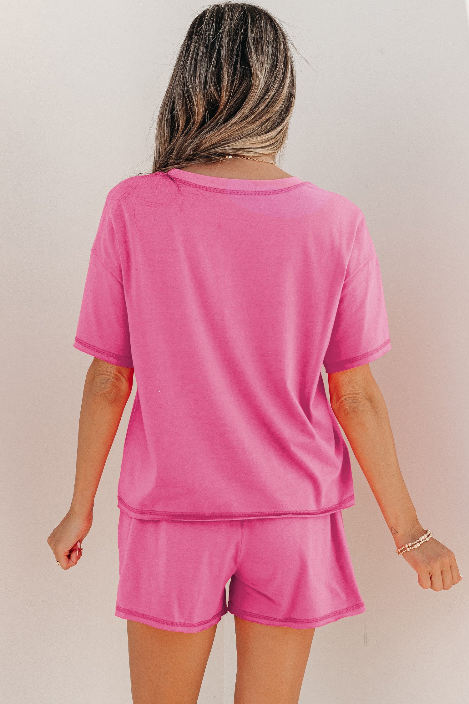 Seam Detail Raw Edge Tee Rainbow Waistband Casual Short Set