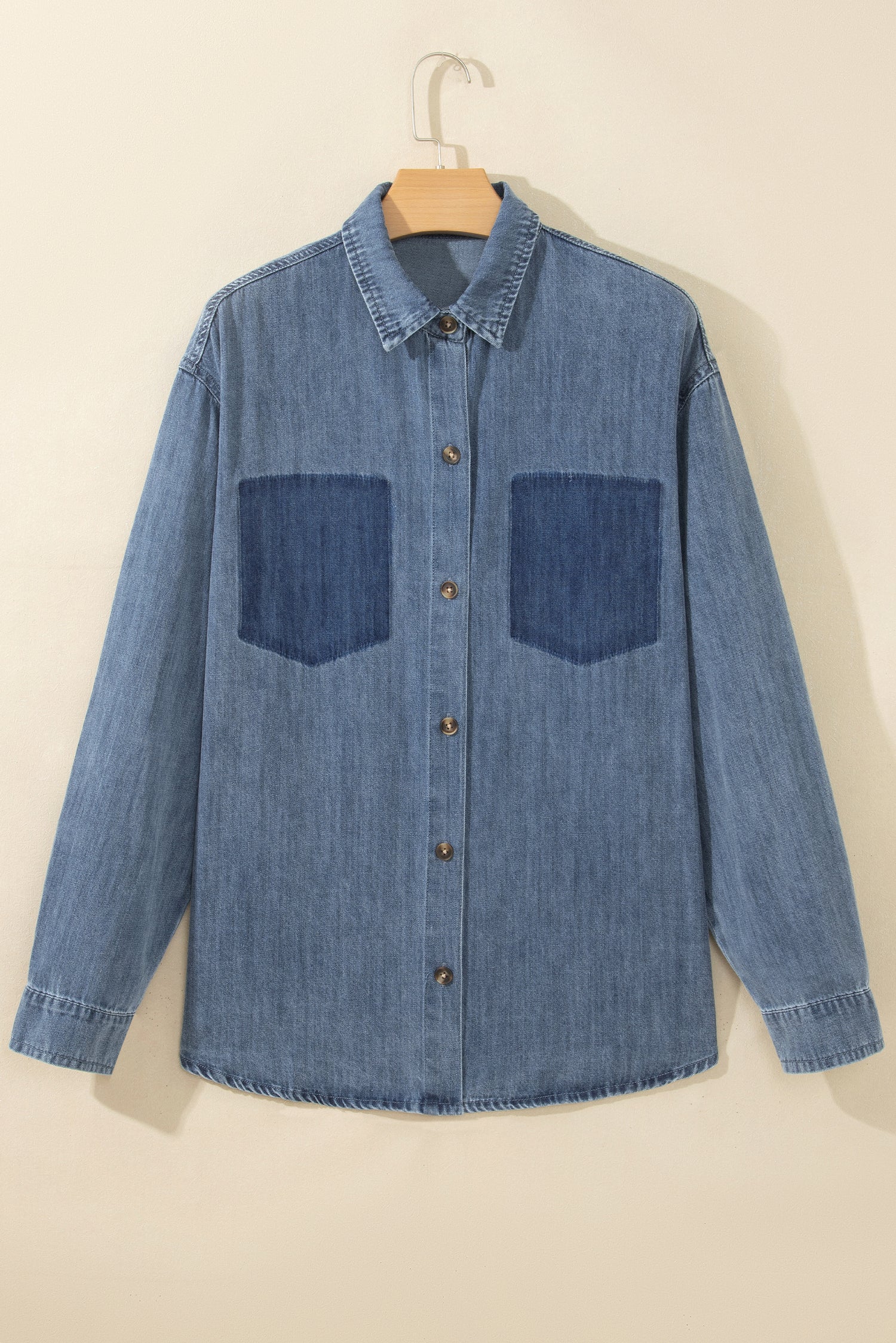 Color Block Pocket Detail Casual Button Down Denim Shirt – Sky Blue