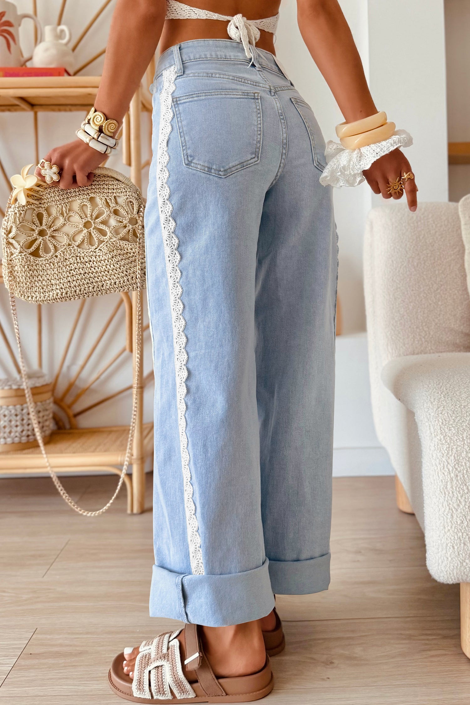 Beau Lace Trim Casual Full-Length Regular Fit Jeans – Blue