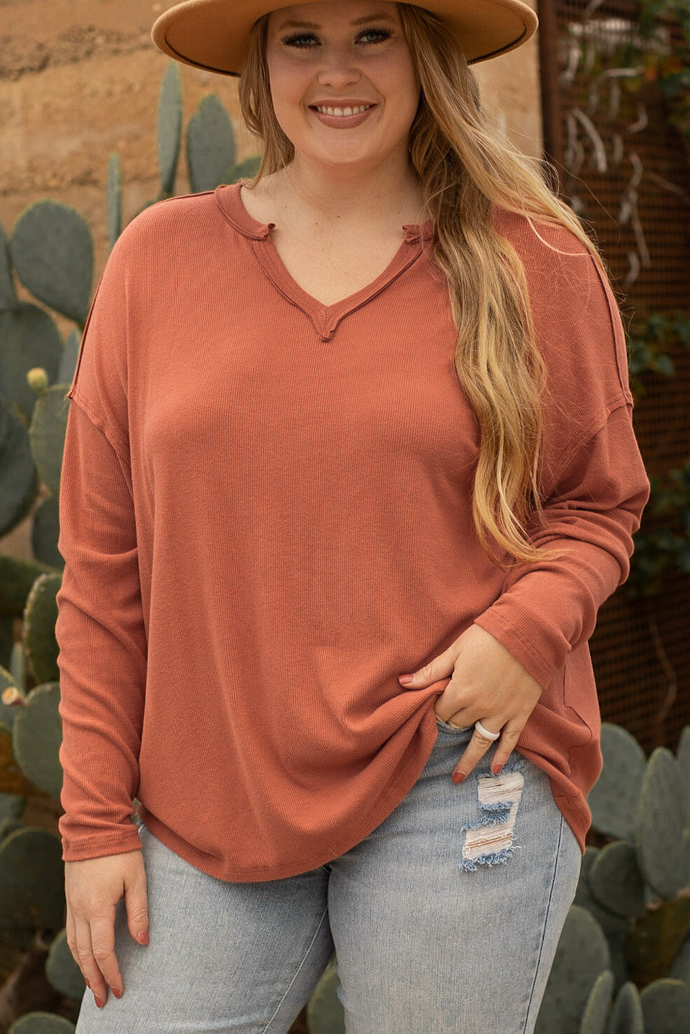Gold Flame Plus Size Exposed Seam V Neck Long Sleeve Top BB Fashion Outlet