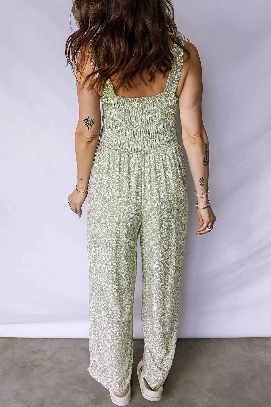 Smocked Bodice Square Neck Sleeveless Floral Jumpsuit