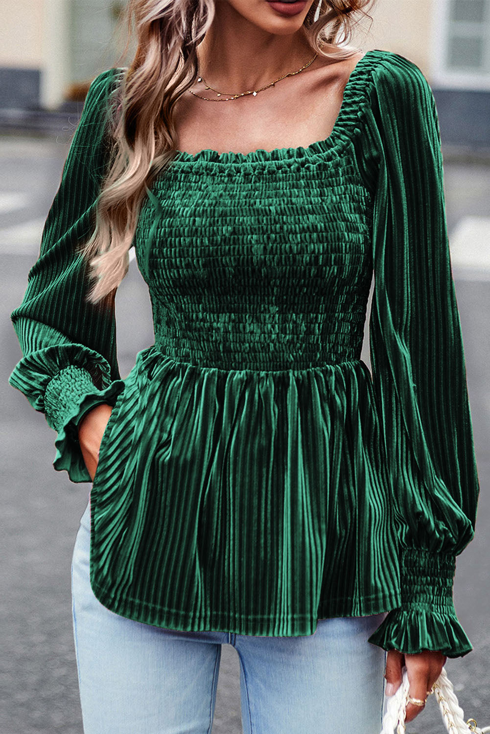 Blackish Green Smocked Ribbed Velvet Babydoll Top eAura