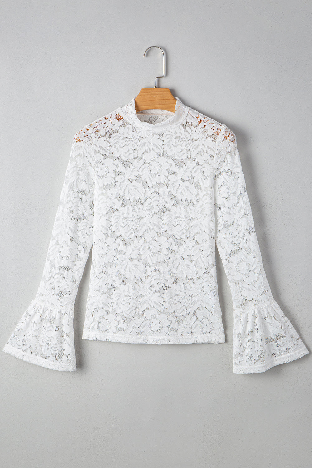 White Lace Crochet Bell Sleeve Mock Neck Blouse - eAura