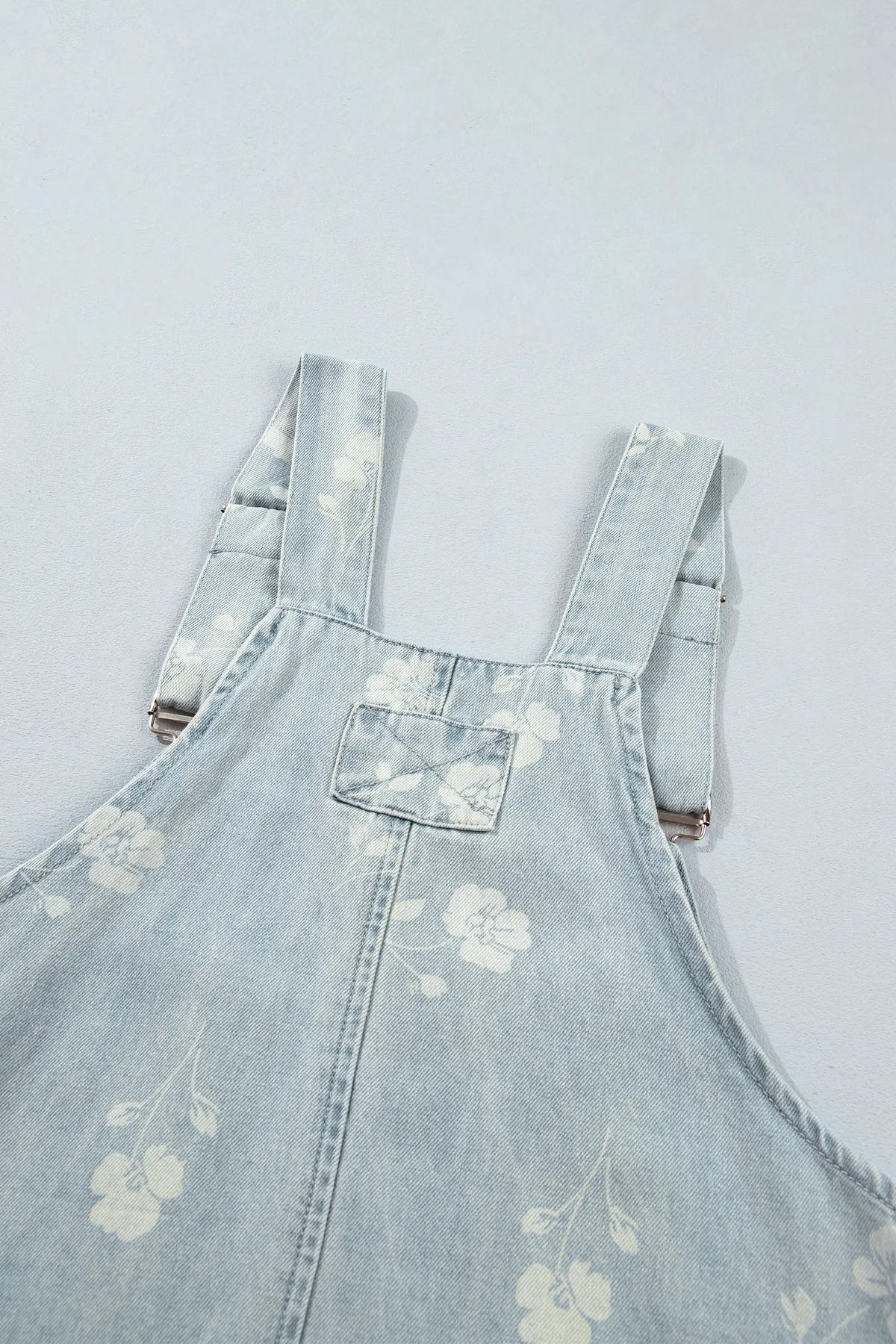 Sky Blue Retro Wash Denim Floral Print Overall Mini Dress – Light Blue