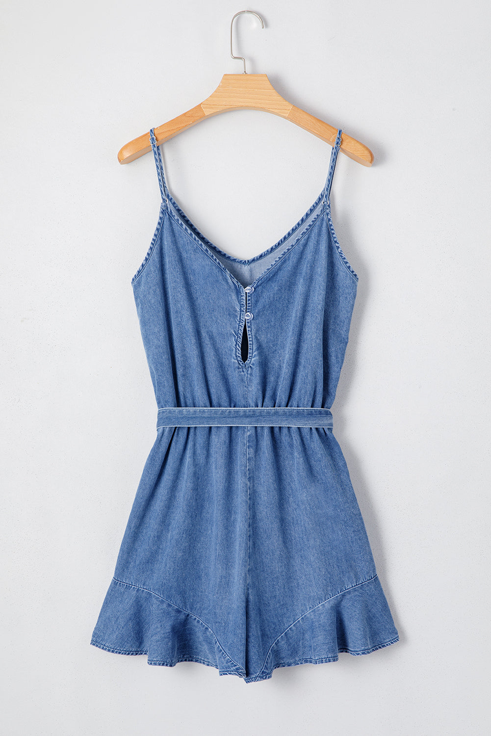 Ashleigh Blue Spaghetti Straps V Neck Belted Ruffled Leg Chambray Romper eAura