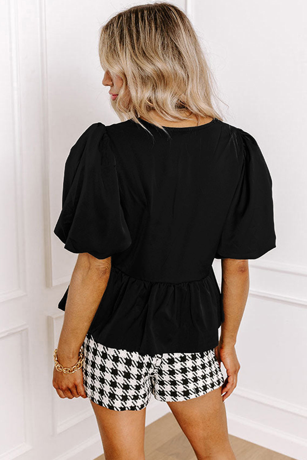 Black Puff Sleeve Bowknot Front Peplum Blouse eAura