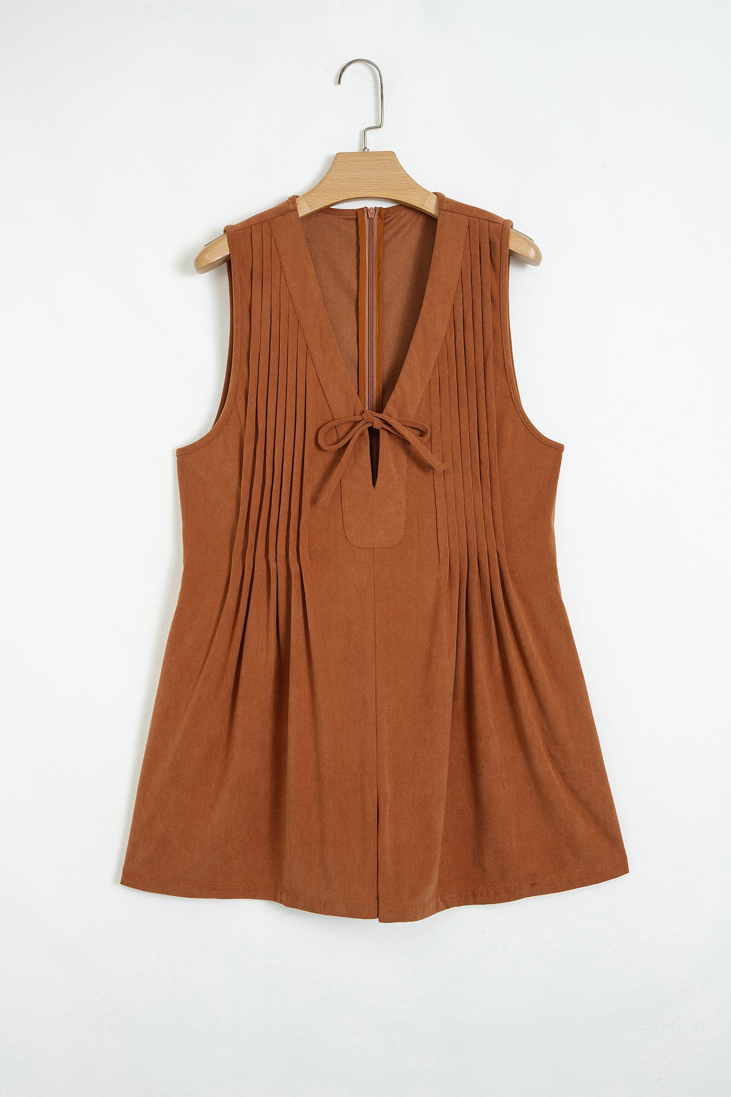 Solid Color Tie V Neck Sleeveless Corduroy Romper – Cinnamon