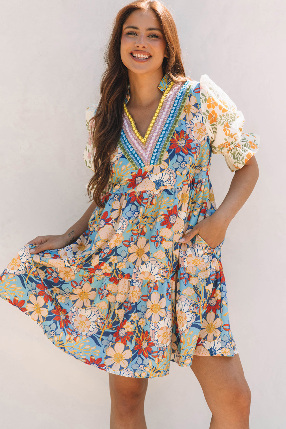 Multicolour Boho Floral Print Crochet Patchwork V Neck Loose Mini Dress eAura