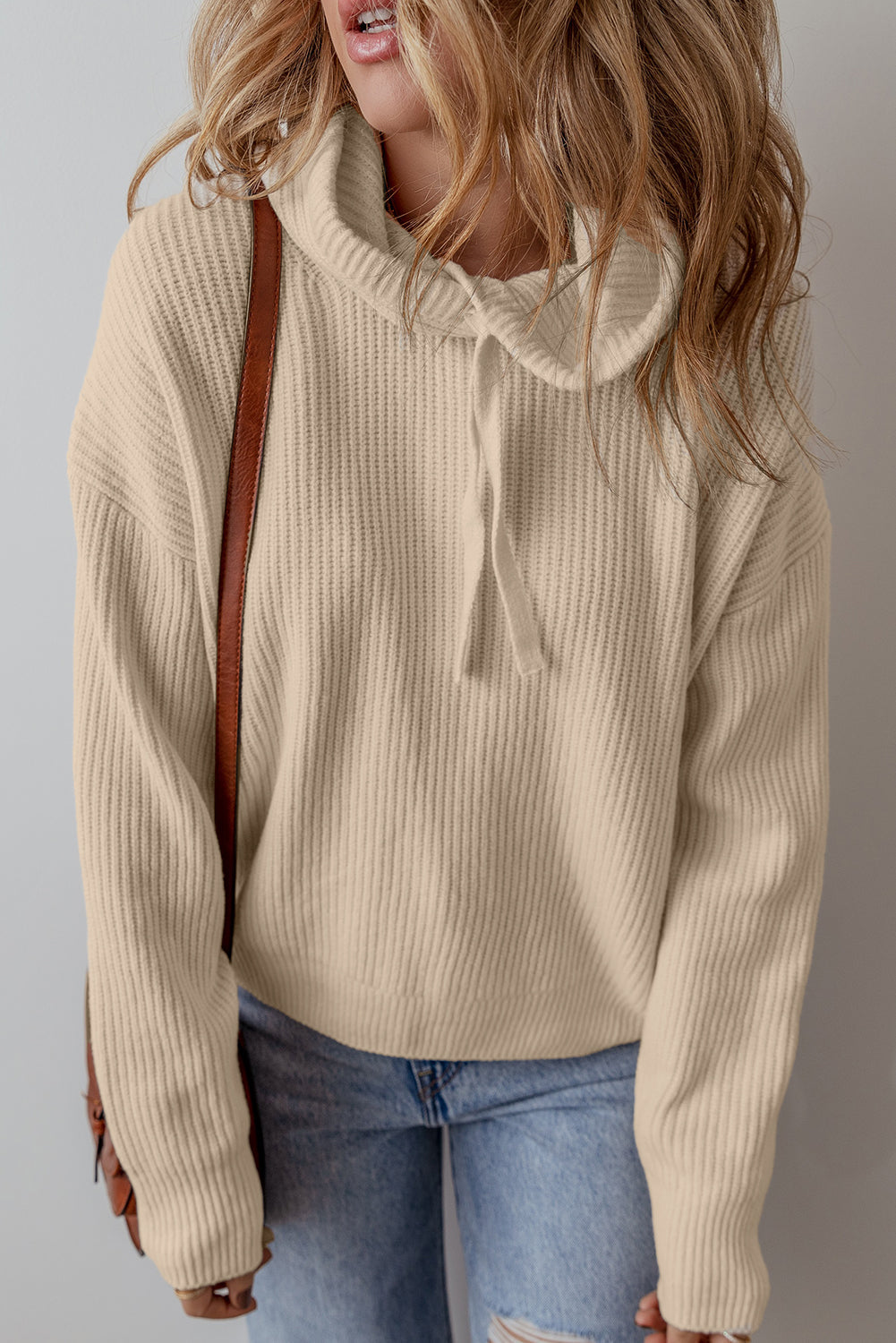 Beige Solid Colour Drawstring Hooded Drop Shoulder Pullover Sweater eAura