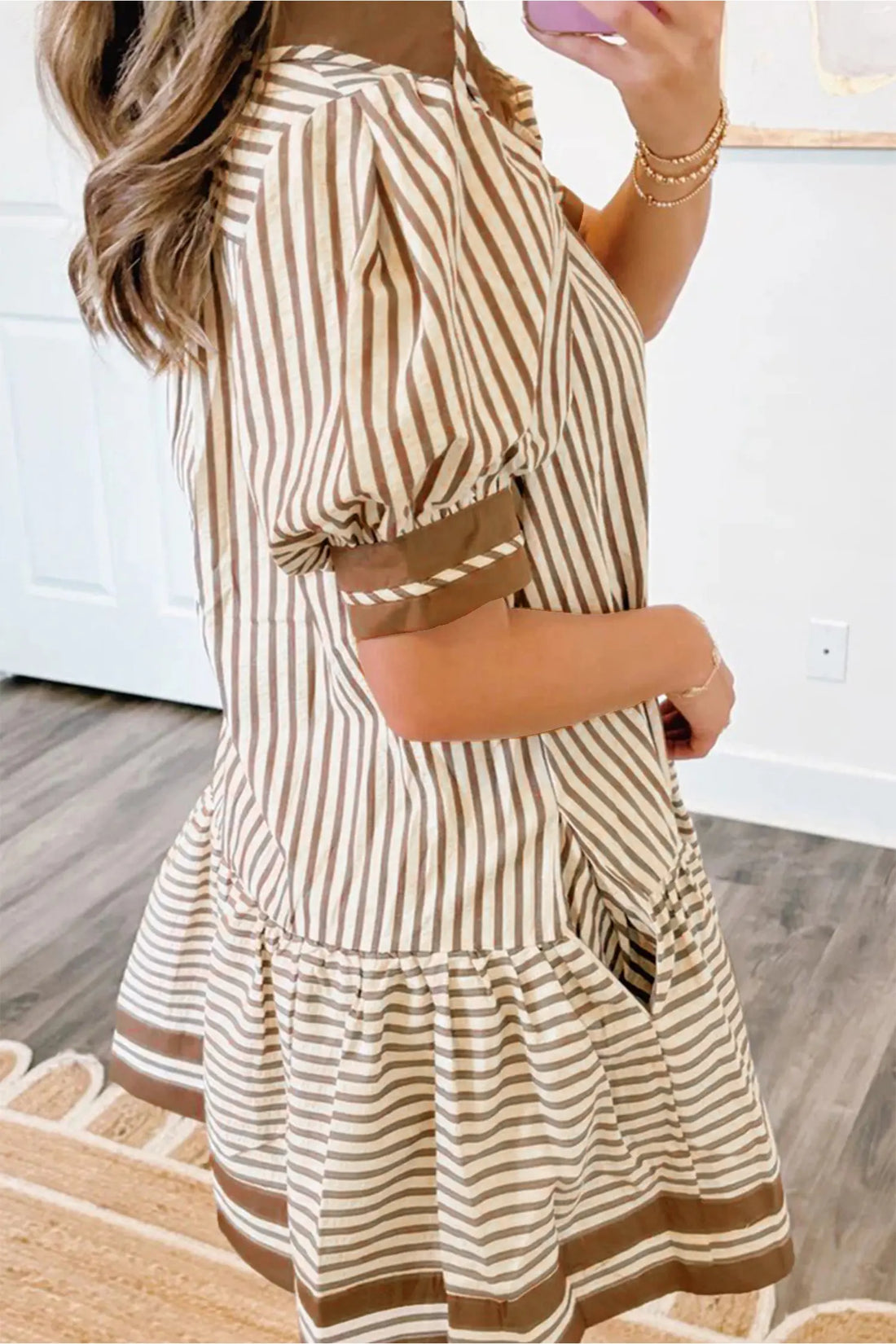 Shirt Collar Colour Block Patchwork Trim Ruffle Hem Short Dress – Brown Stripe