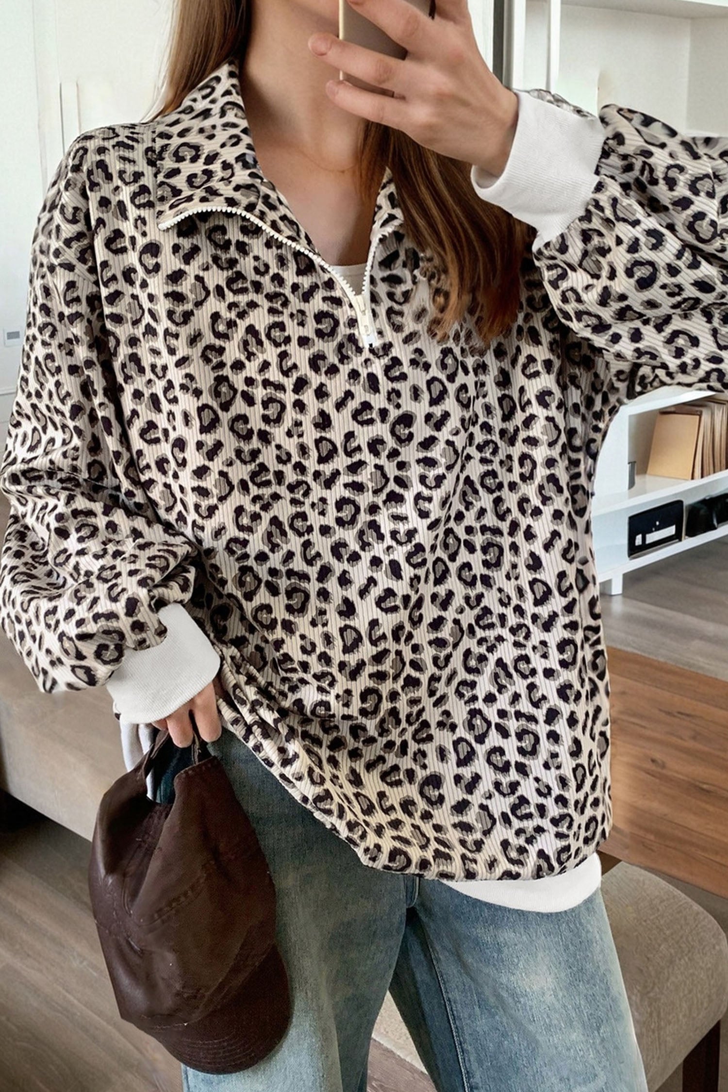 Leopard Print Quarter Zip Soft Corduroy Sweatshirt - Beige / S - Tops/Sweatshirts & Hoodies