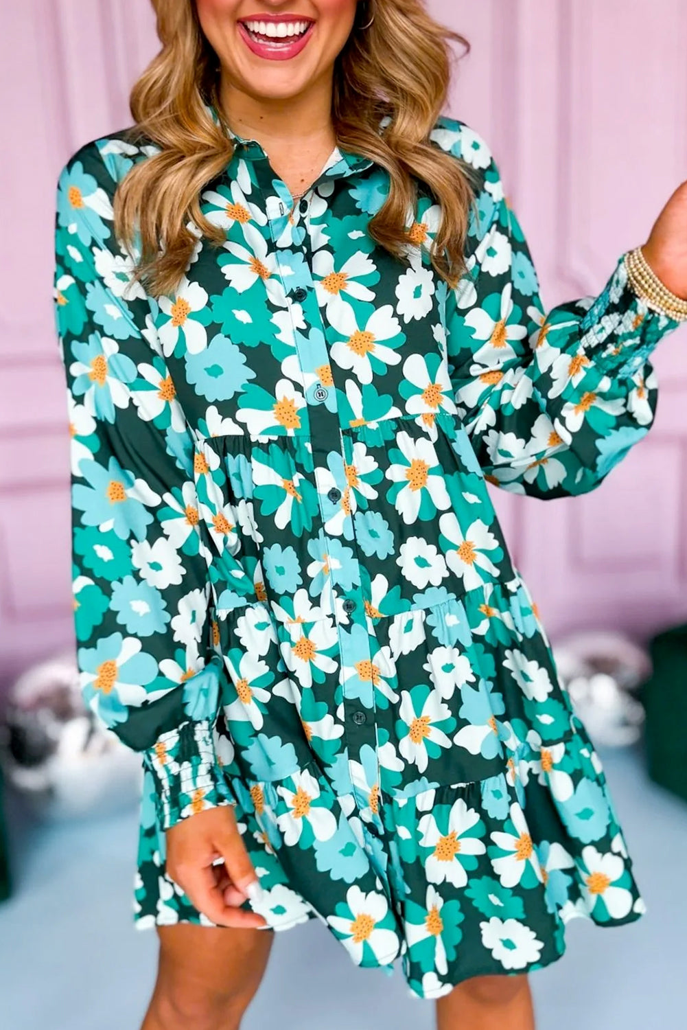 Green Floral Tiered Long Puff Sleeve Shirt Dress eAura