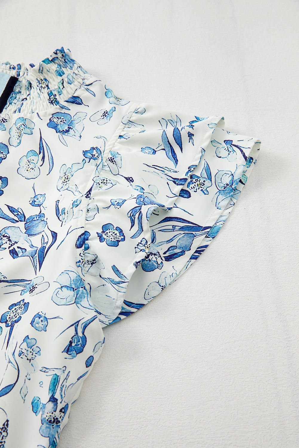 Sky Blue Floral Print Ruffled Short Sleeve Blouse eAura