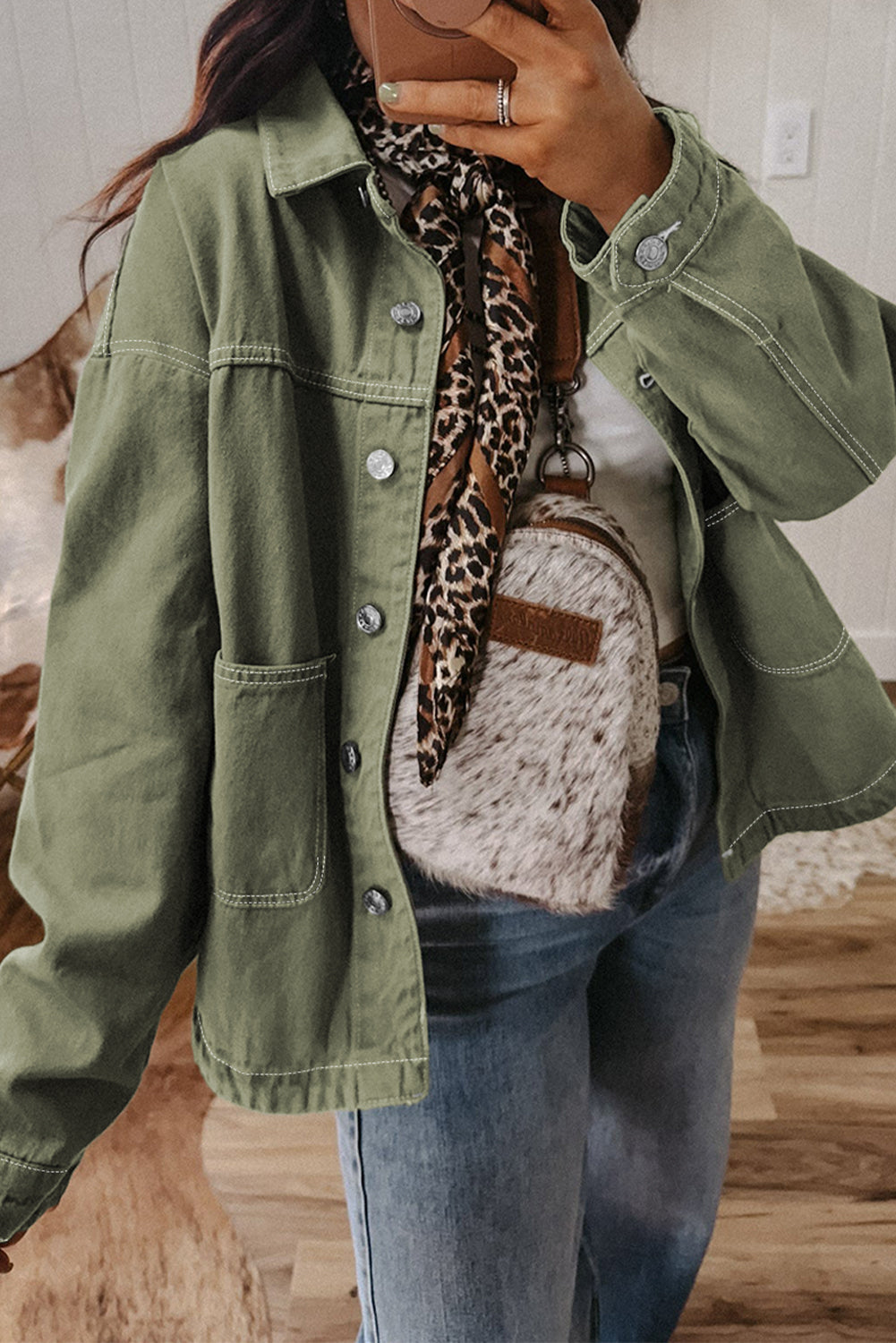 Patched Pocket Collared Button Front Boyfriend Denim Jacket eAura