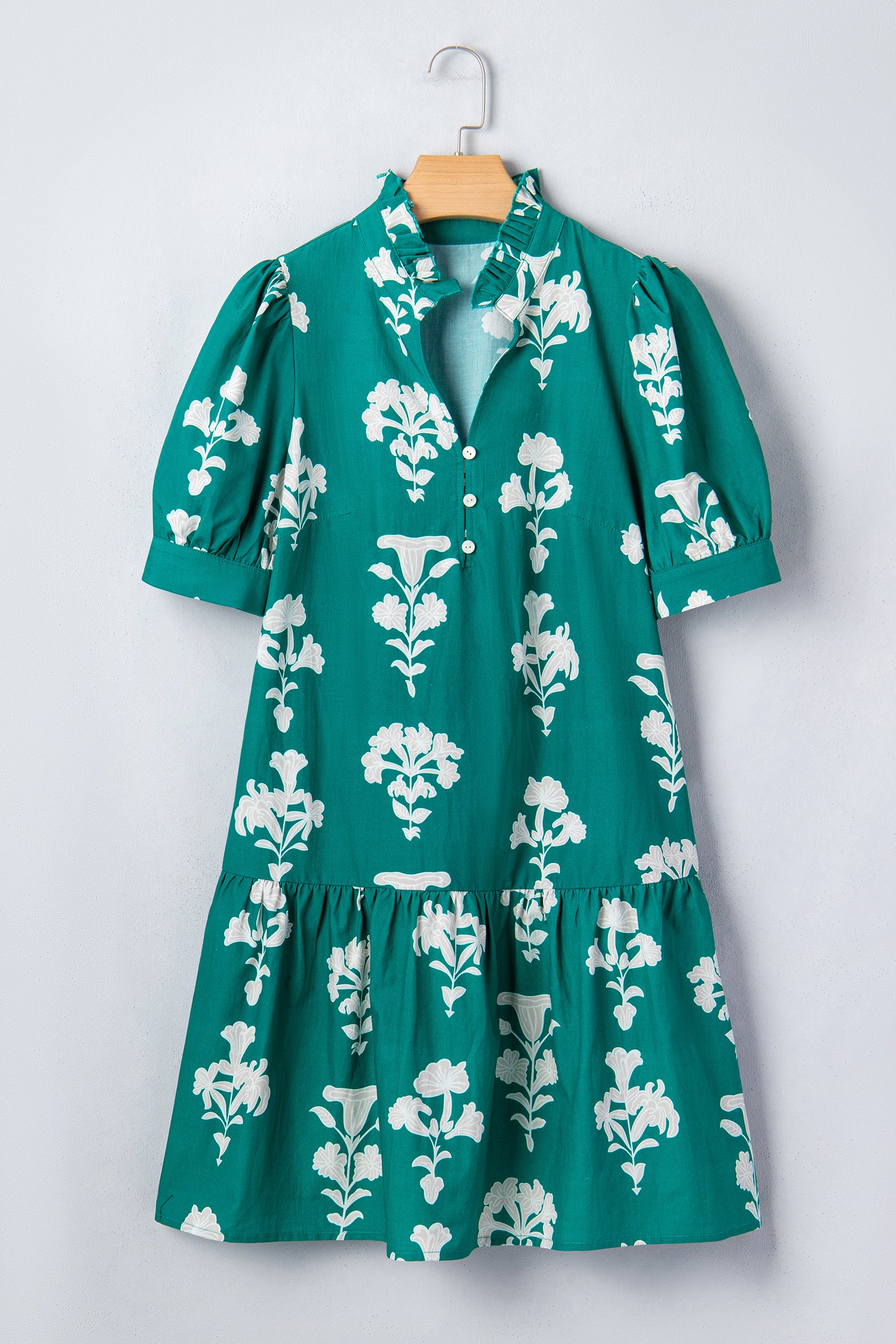 Floral Frill V-Neck Puff Sleeve Drop Waist Mini Dress