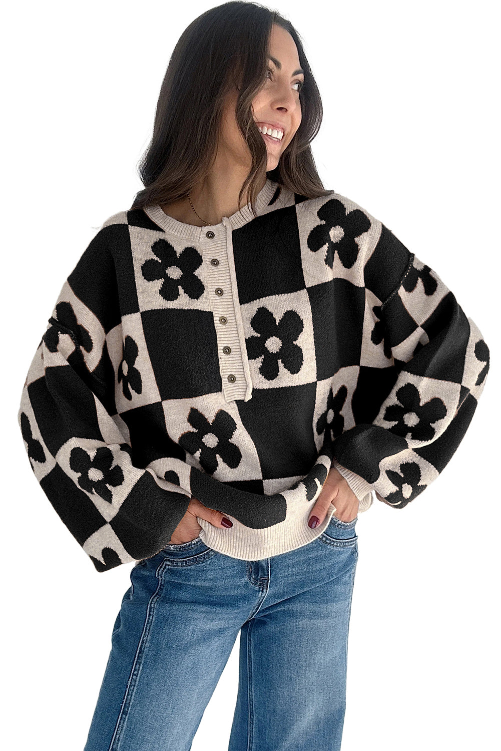 Flower Colourblock Checkered Henley Sweater - eAura