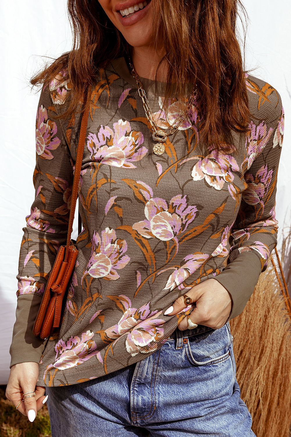 Brown Floral Print Waffle Textured Long Sleeve Top - eAura