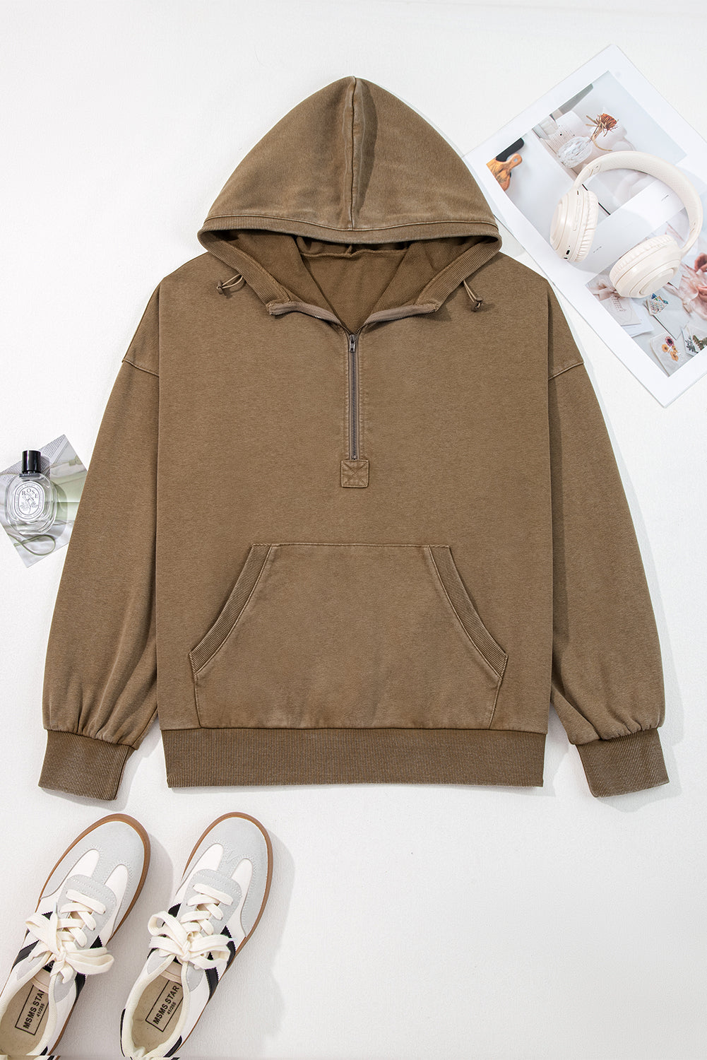 Half Zip Kangaroo Pocket Mineral Wash Baggy Hoodie - Tops/Sweatshirts & Hoodies