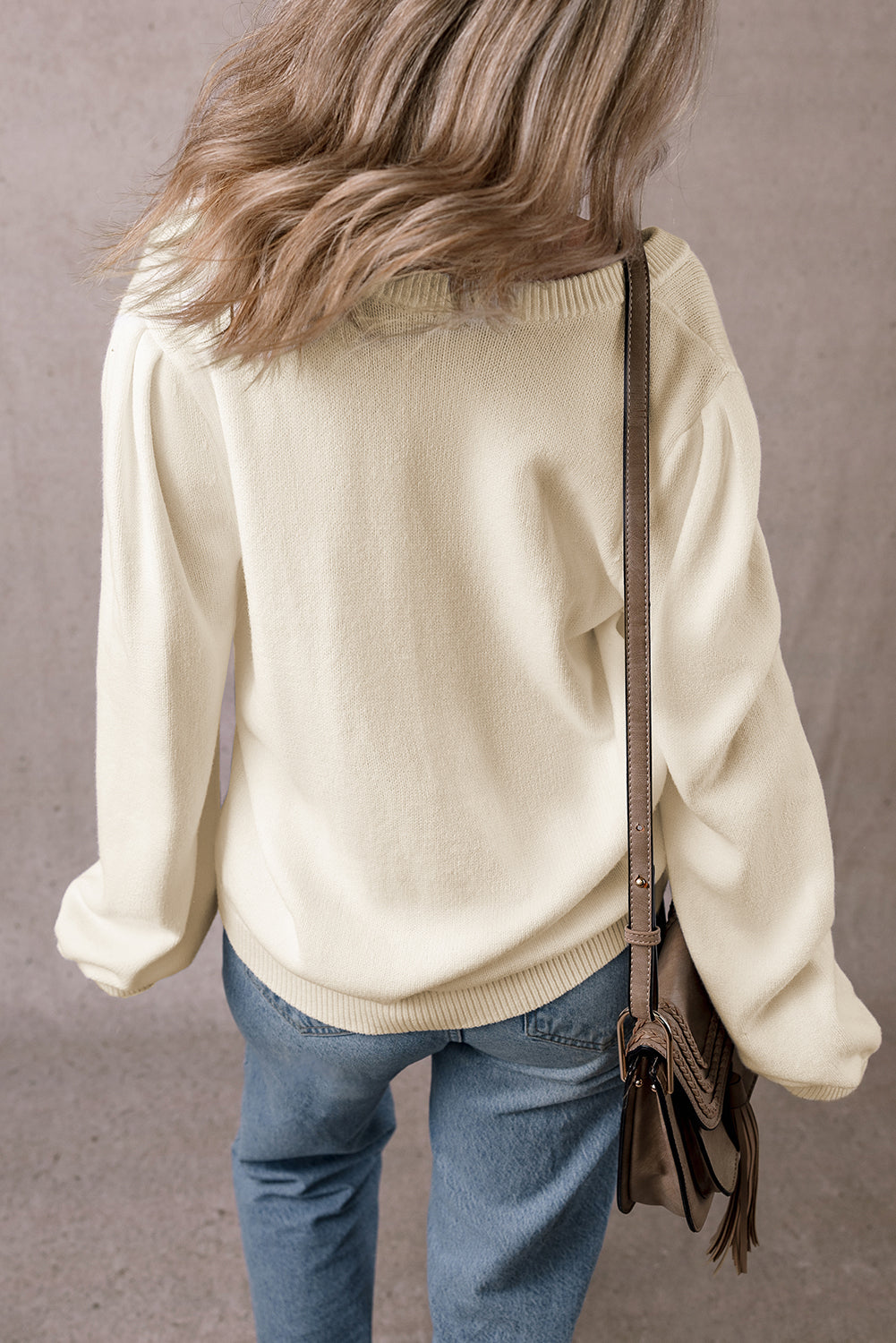 Apricot Pleated Sleeve Hollow Detail Button Sweater Cardigan eAura