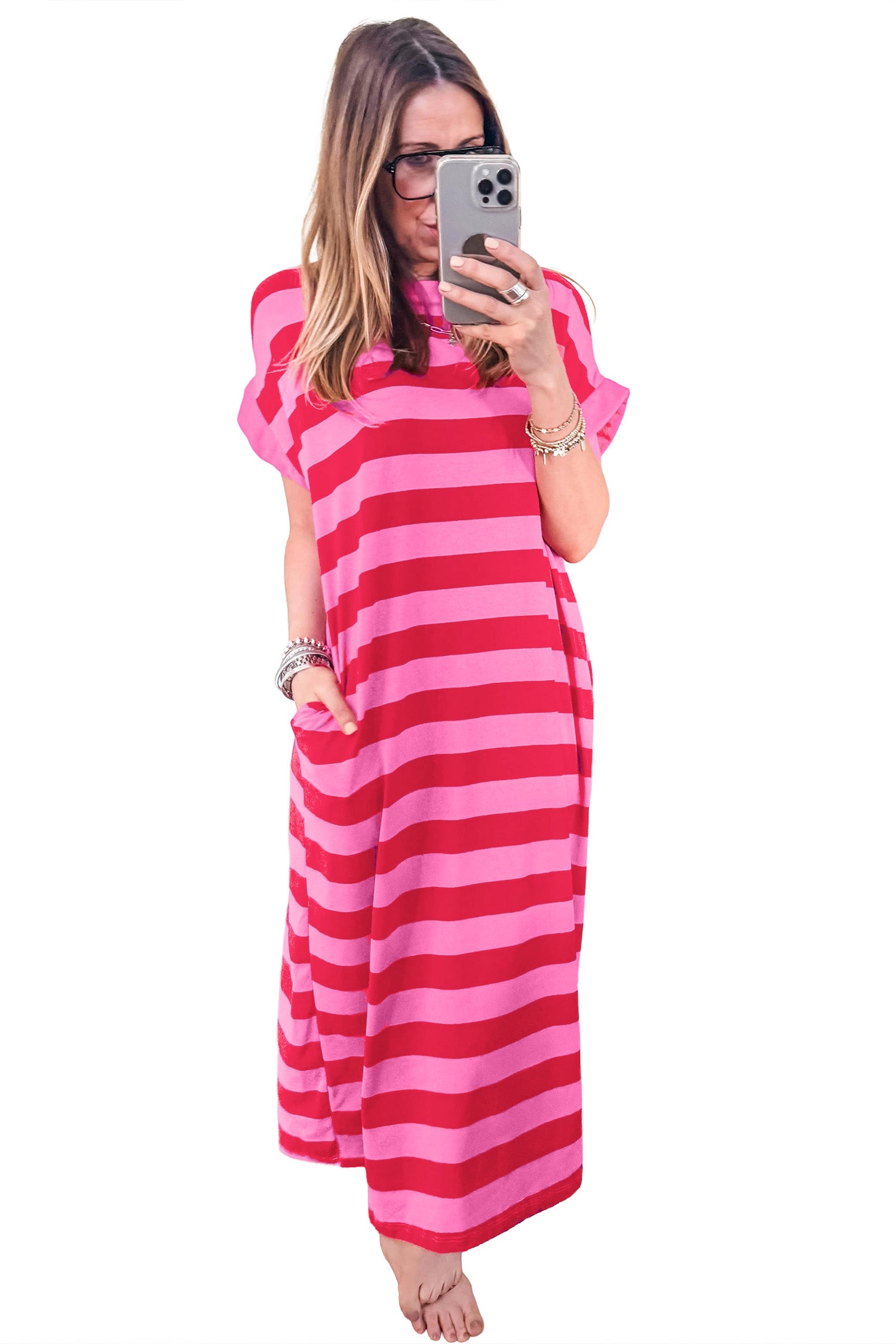 Cuffed Short Sleeve Pocketed Casual T Shirt Long Dress – Rose Stripe