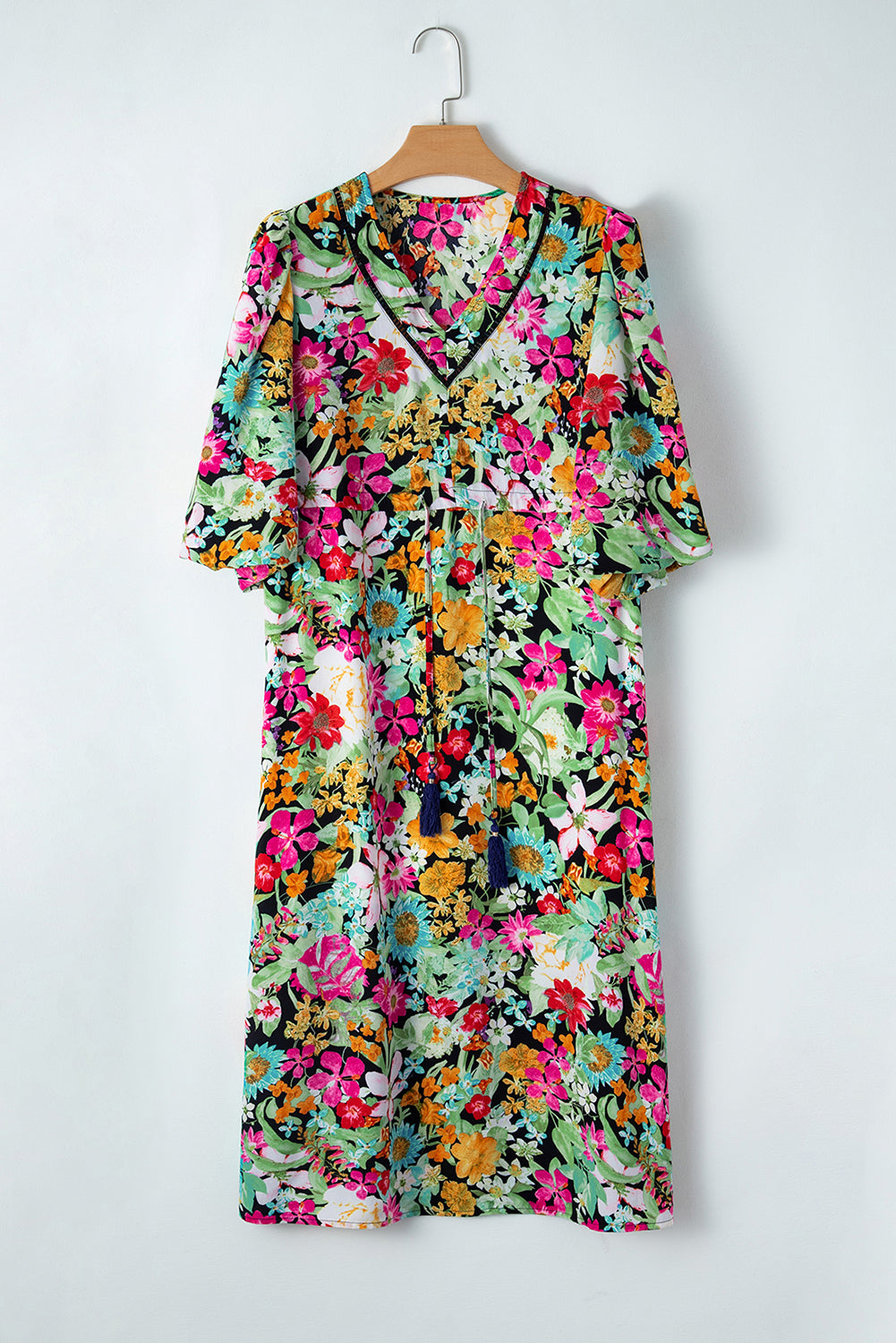 Green Floral Puff Sleeve V Neck Tassel Drawstring Dress eAura