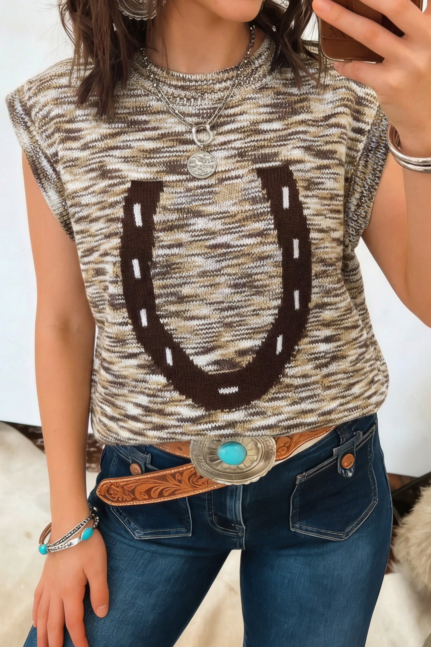Brown Western Horseshoe Print Round Neck Sweater Vest