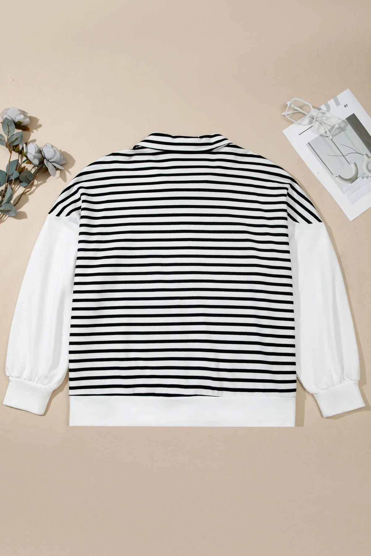 Striped Colourblock V Neck Long Sleeve Shift Plus Size Blouse – White Stripe
