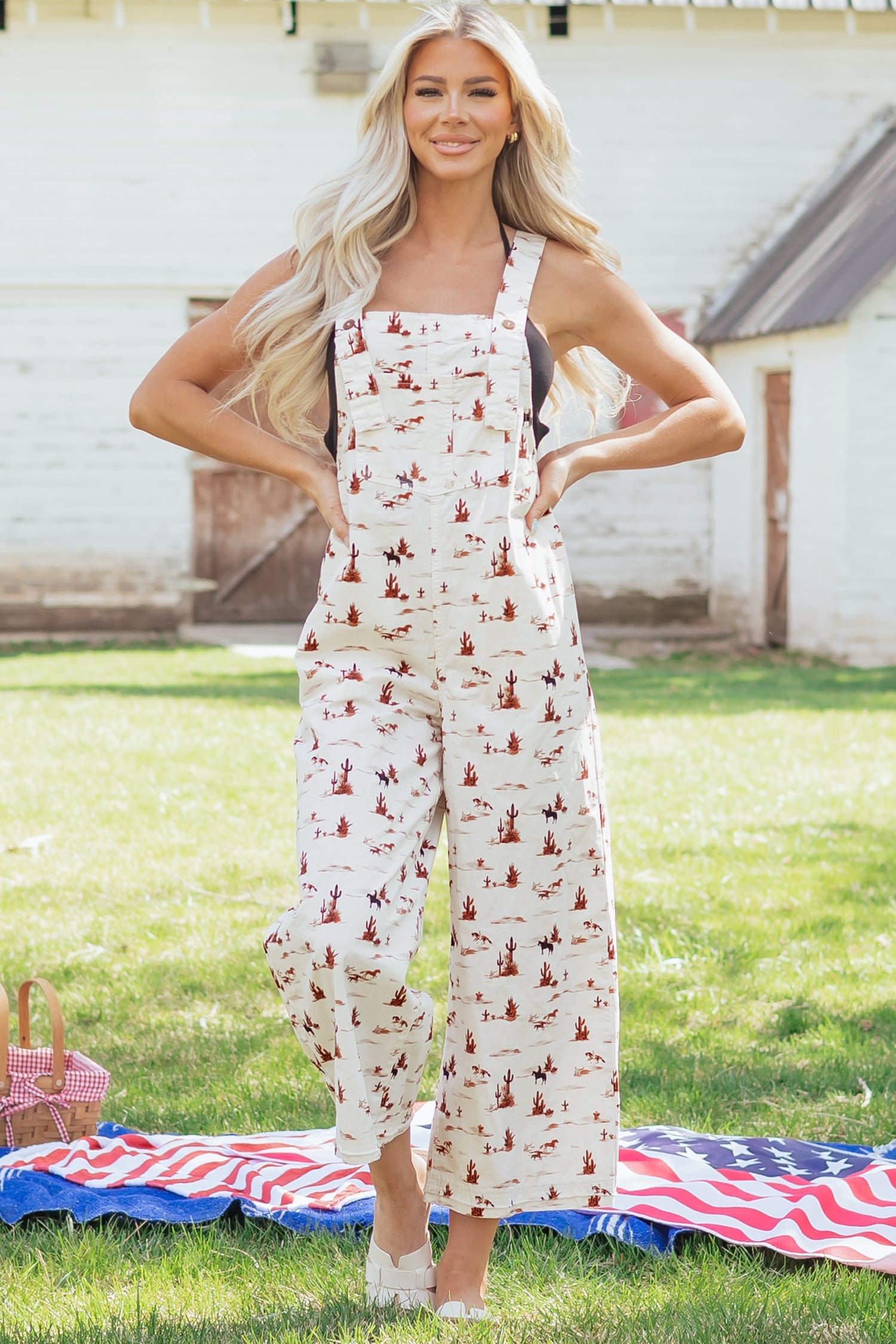 Western Printed Button Adjustable Straps Loose Jumpsuit Dungarees – Beige
