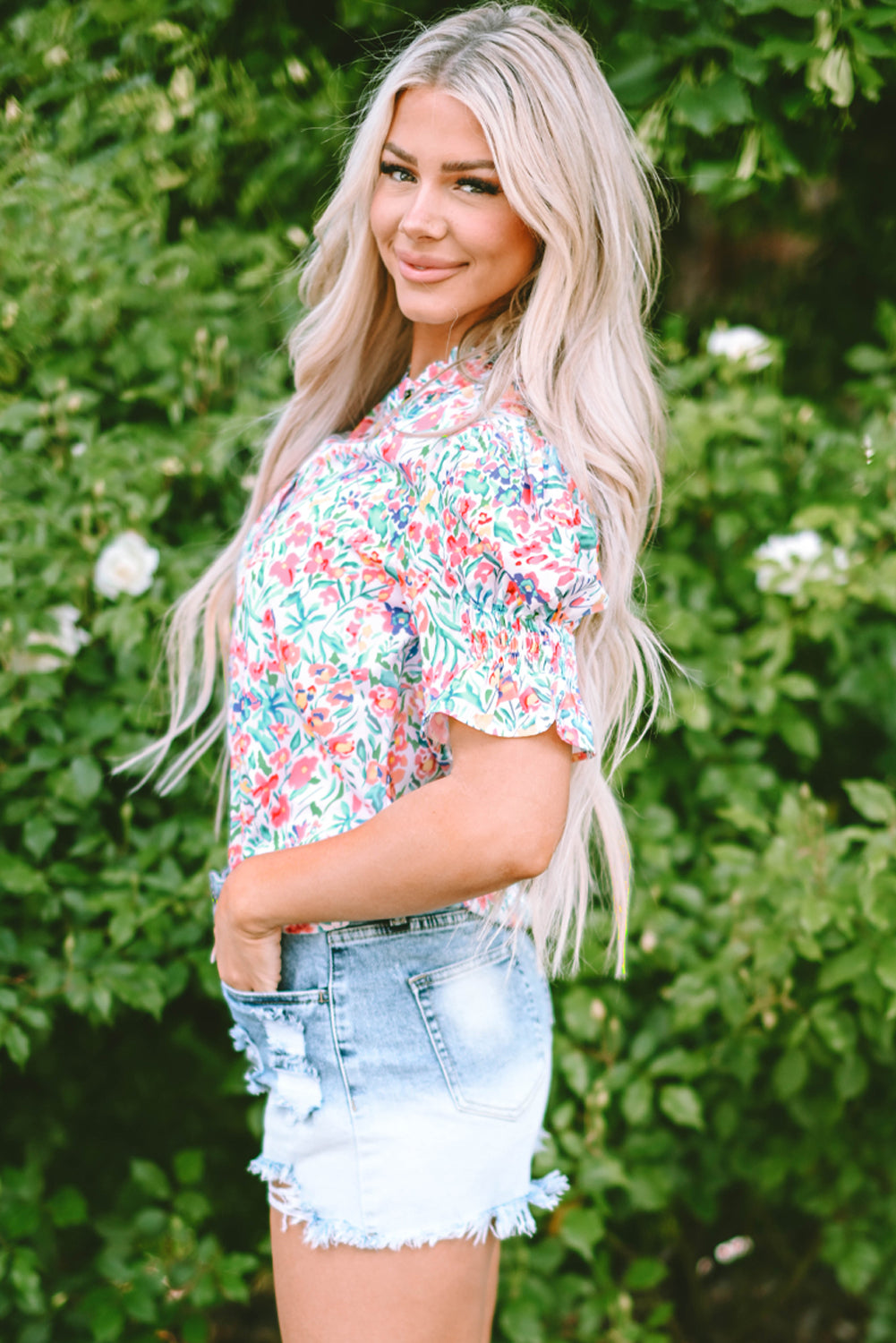 Pink Floral Print Button Split Neck Puff Sleeve Blouse eAura