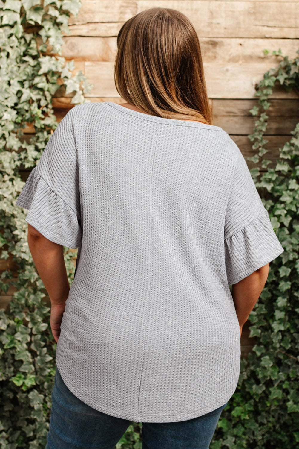 Light Grey Lace Insert Waffle Ruffle Short Sleeve Plus Size Top BB Fashion Outlet
