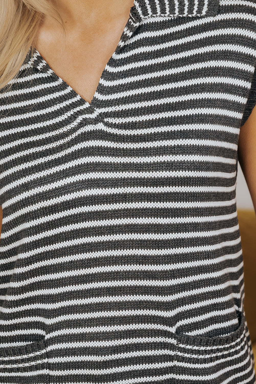 Grey Stripe Collared V Neck Sweater Vest with Pockets eAura