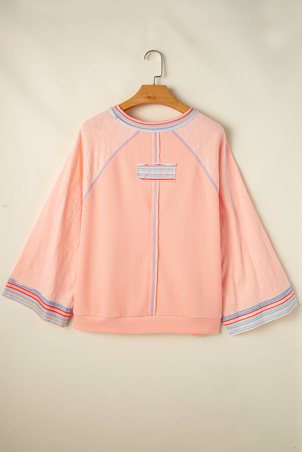 Grapefruit Orange Waffle Knit Wide Bracelet Sleeve Patchwork Raglan Top BB Fashion Outlet