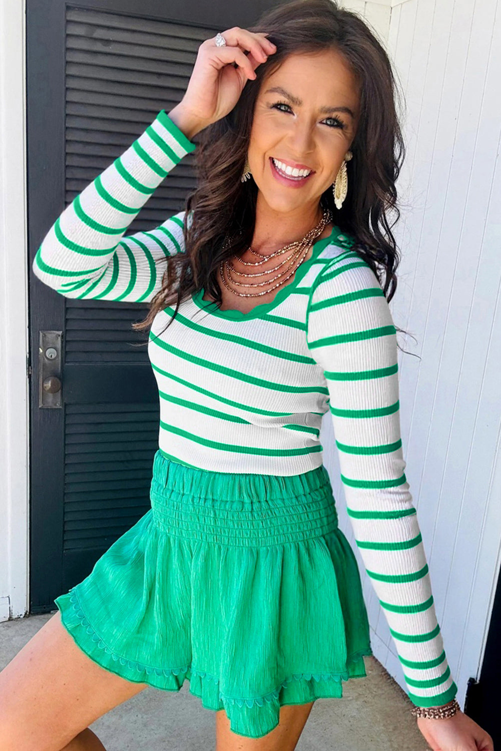 Scalloped Trim U-Neck Striped Ribbed Slim Sweater Dear-Lover Dropshipping