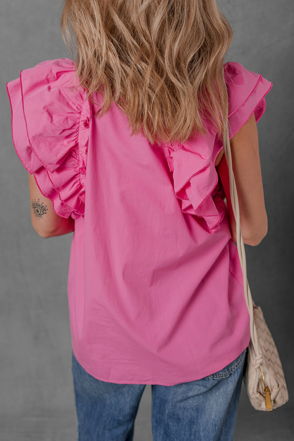 Sachet Pink Shirred Yoke Lace up V Neck Ruffled Sleeve Blouse eAura