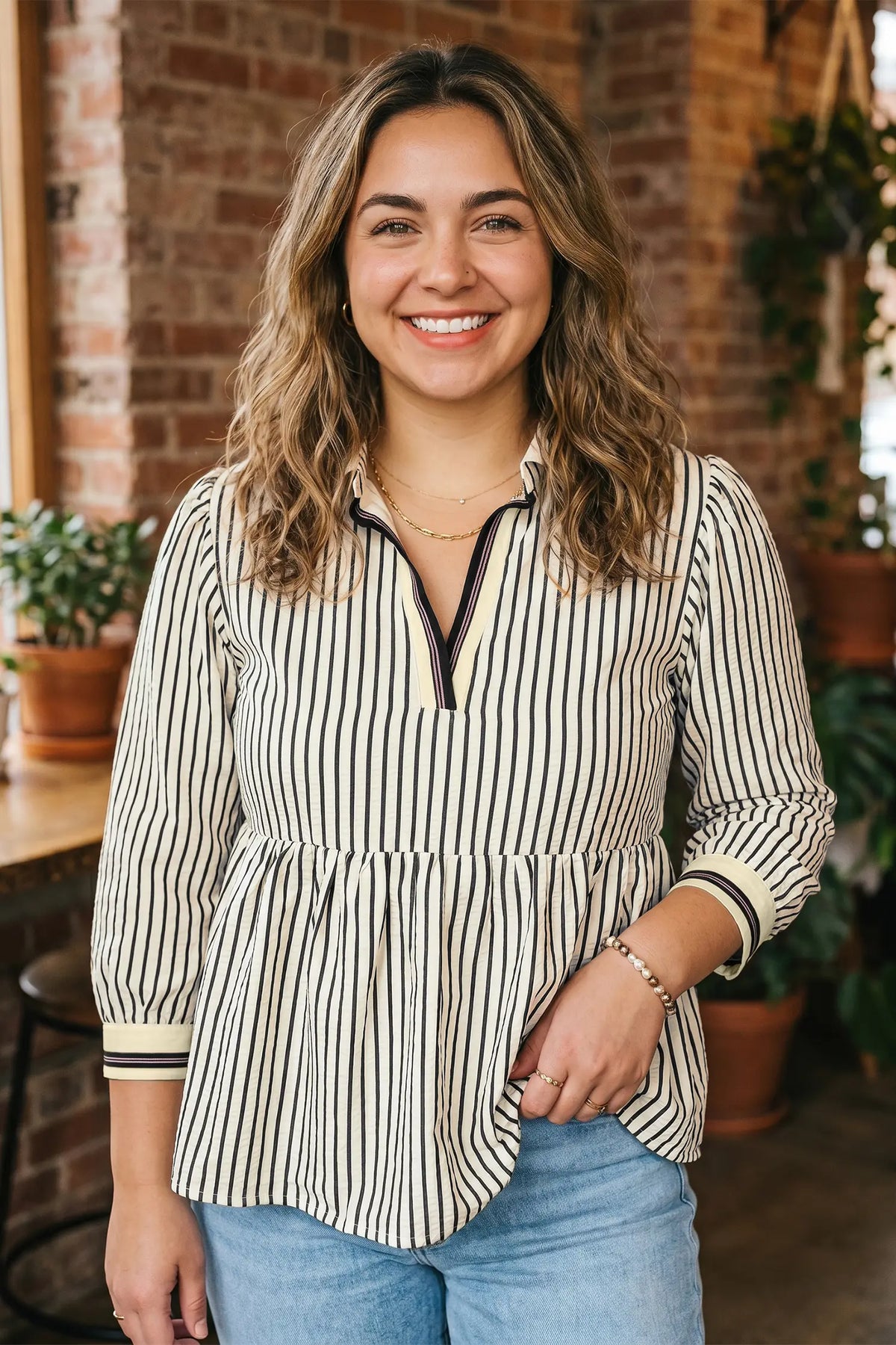 Patchwork Striped V Neck Tunic Plus Size Blouse – Black Stripe
