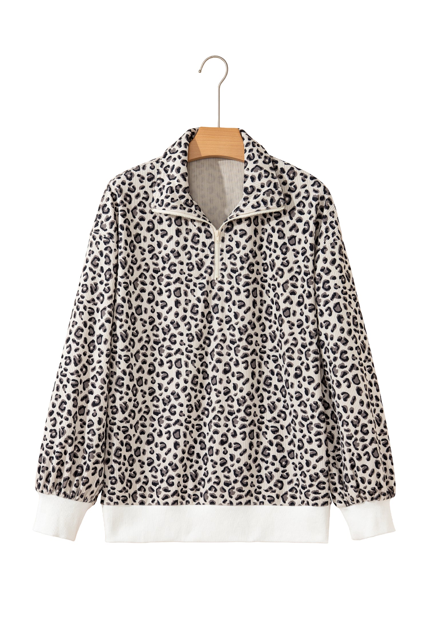 Leopard Print Quarter Zip Soft Corduroy Sweatshirt
