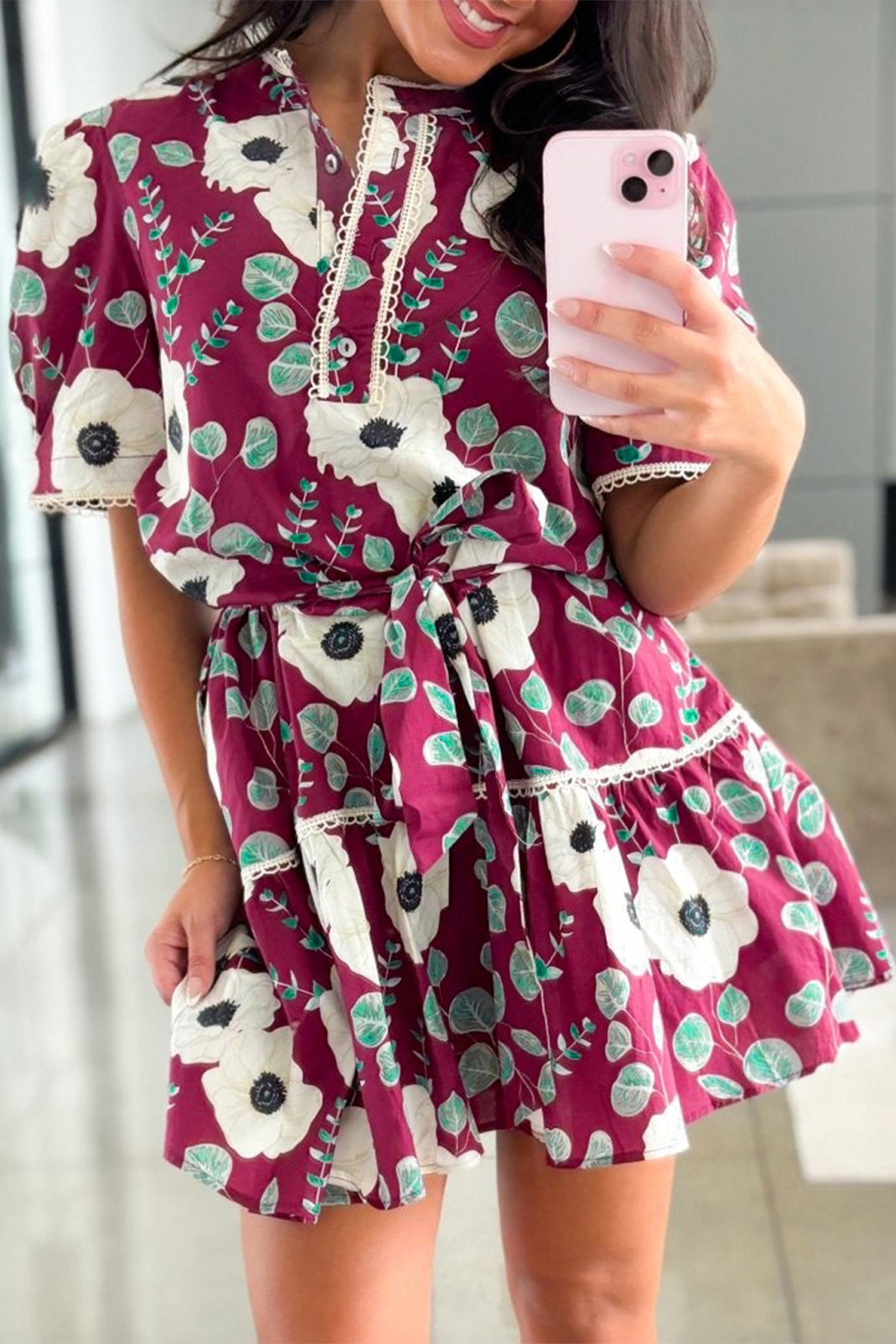 Floral Print Trimmed Short Puff Sleeve Mini Dress with Belt
