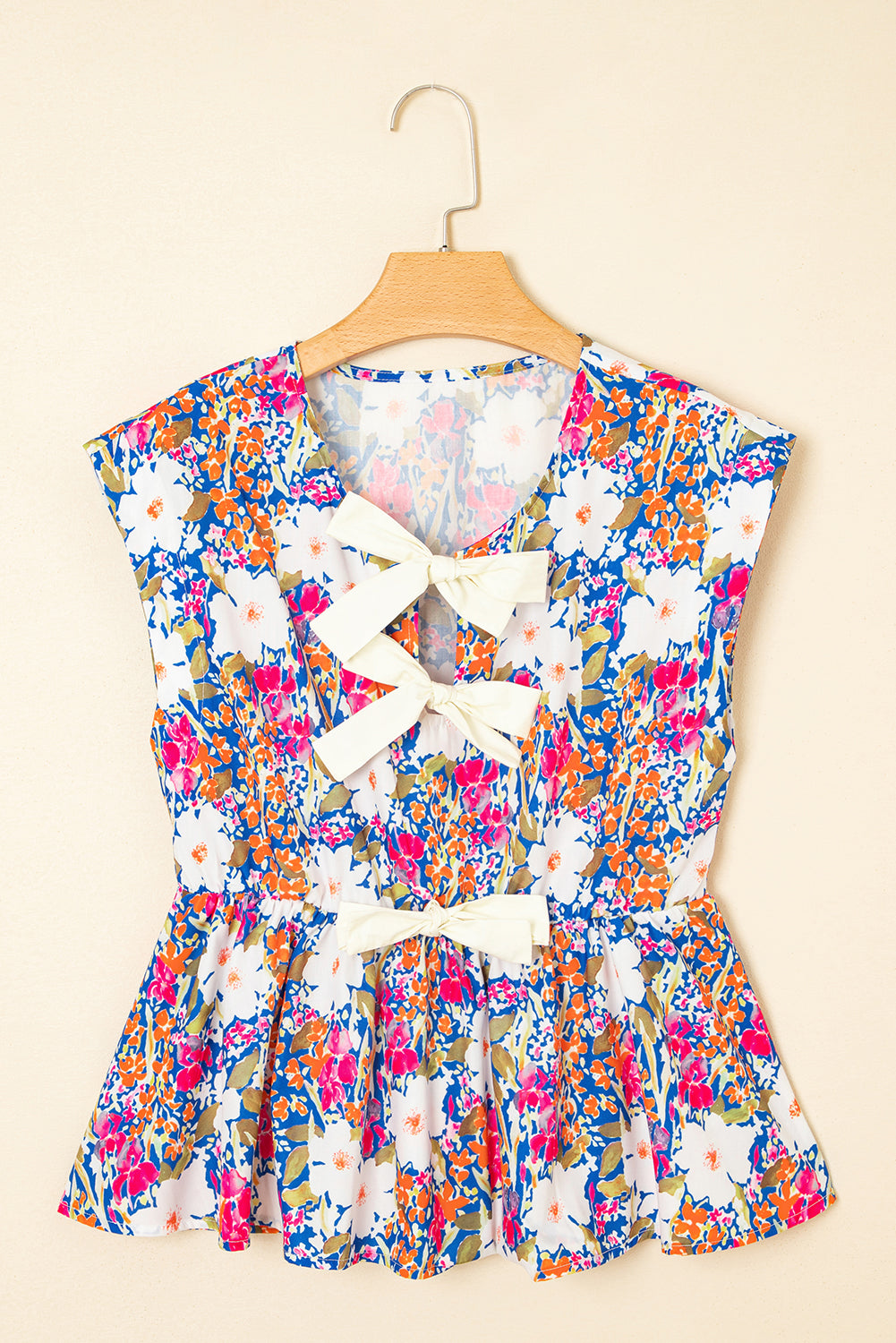 Rose Green Floral Print Bow Applique Slit Sleeveless Peplum Blouse eAura