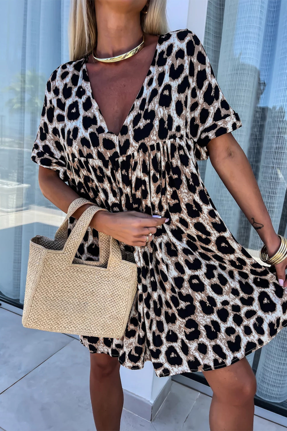 Khaki Cheetah Print Backless V Neck Loose Fit Mini Dress eAura
