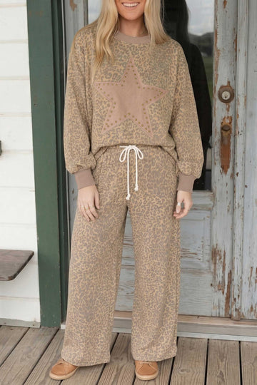 Leopard Star Print Long Sleeve Loose Casual Two Piece Pants Set – Khaki