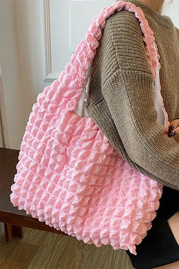 Pink Solid Color Puffy Textured Tote Bag