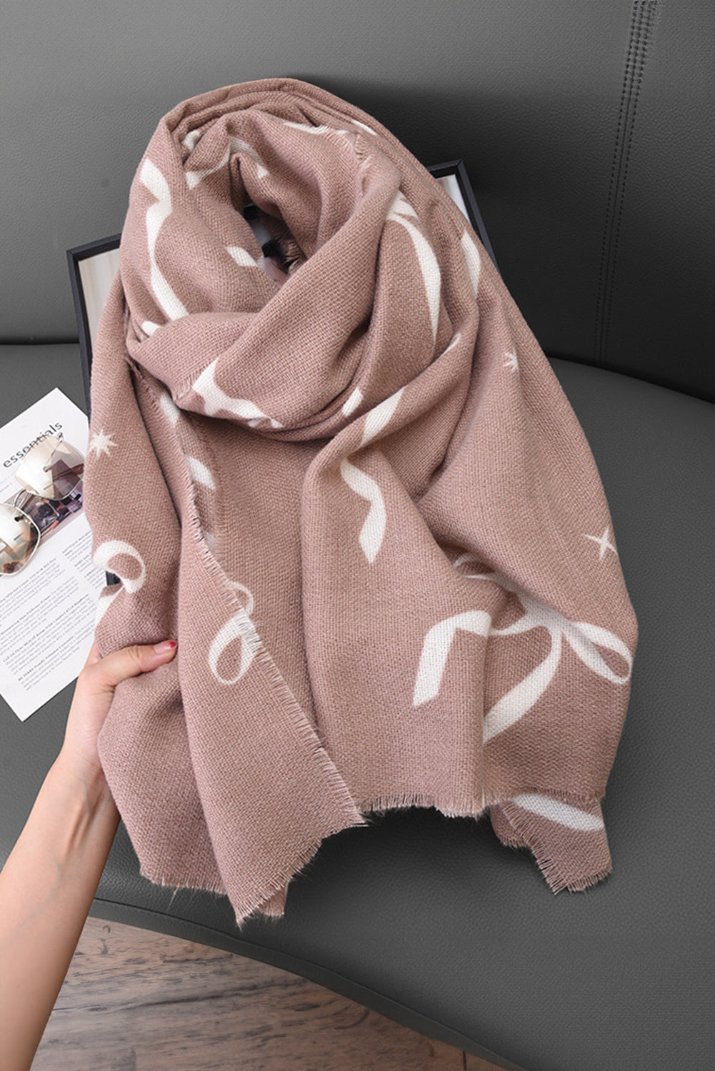 Bow Print Raw Edge Lightweight Scarf Shewin