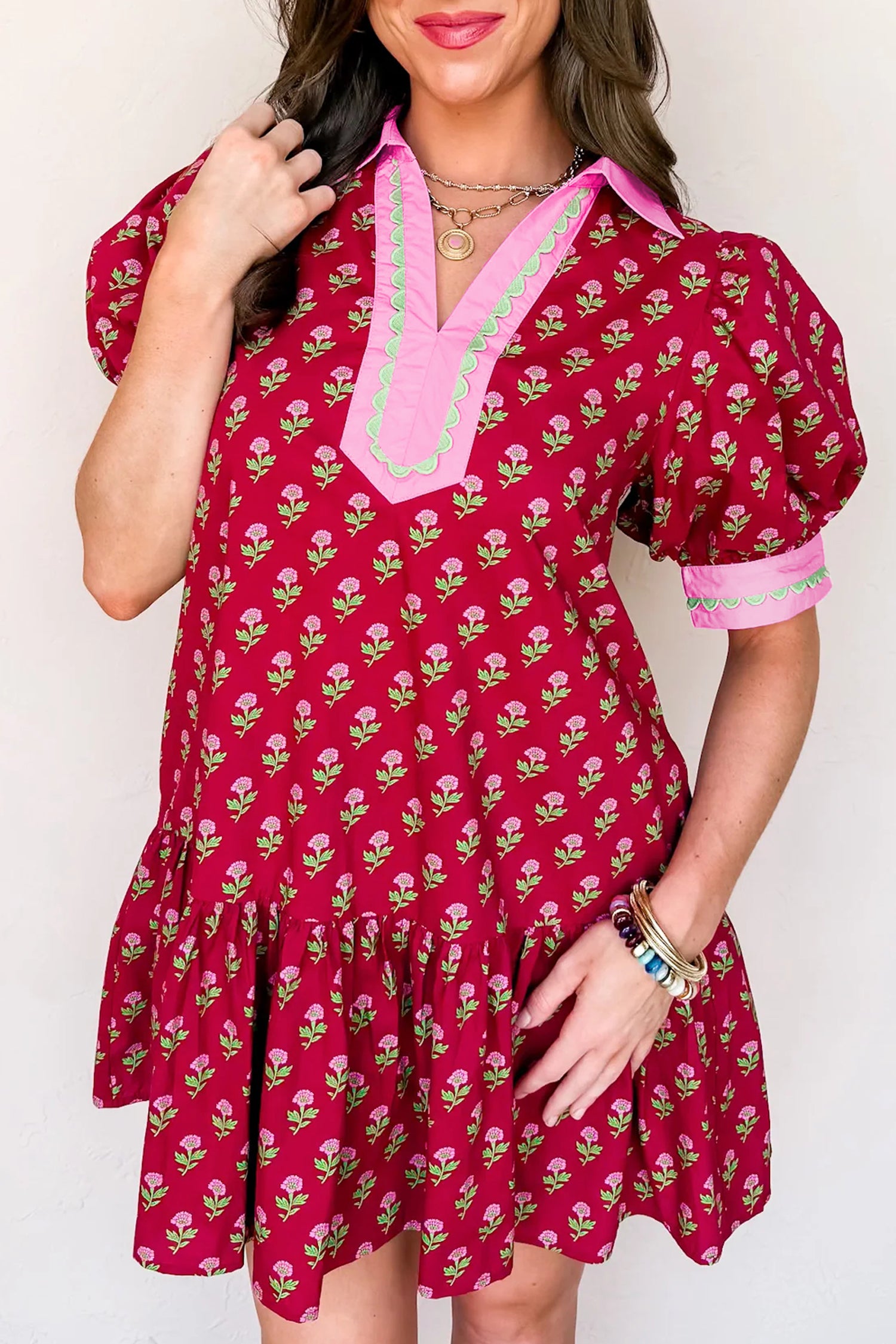 Red Floral Print Contrasted V-Neck Short Bubble Sleeve Mini Dress