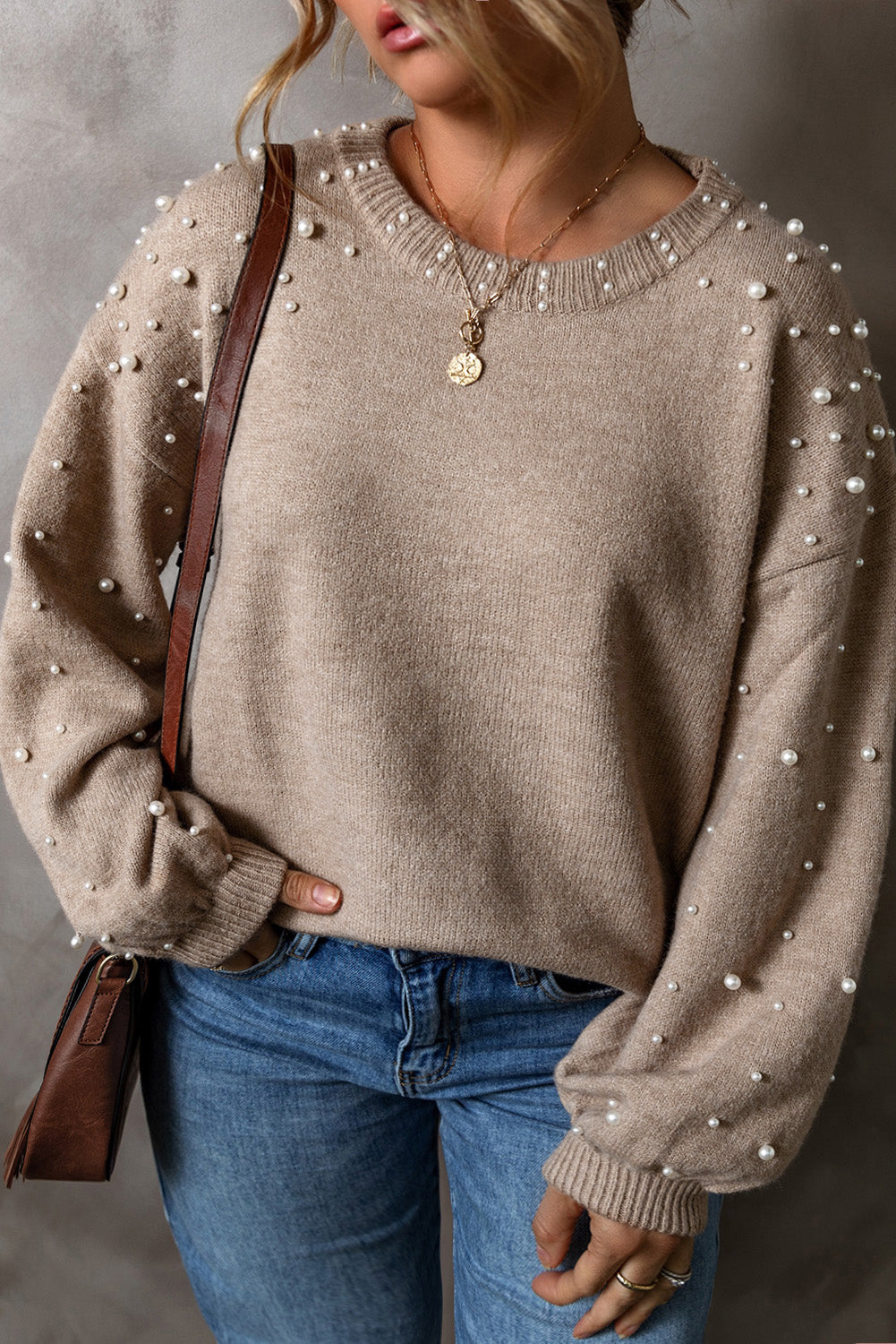 Smoke Gray Pearled Drop Shoulder Plus Size Sweater Beagle Boutique Fashion Outlet